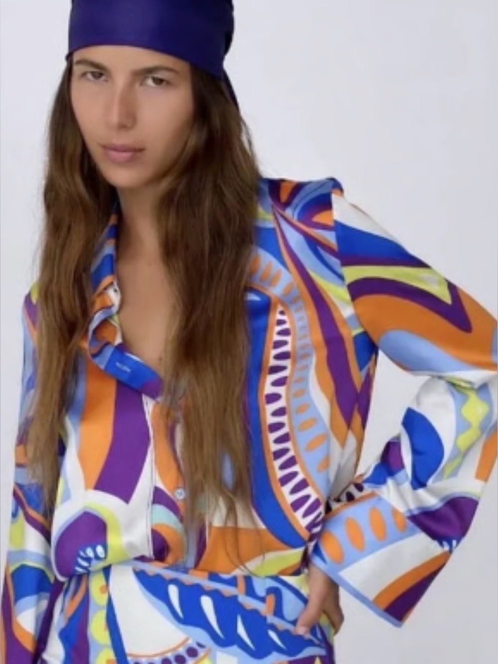 Zara Multicolor Abstract Print Satin Blouse in Blue, Purple & Orange